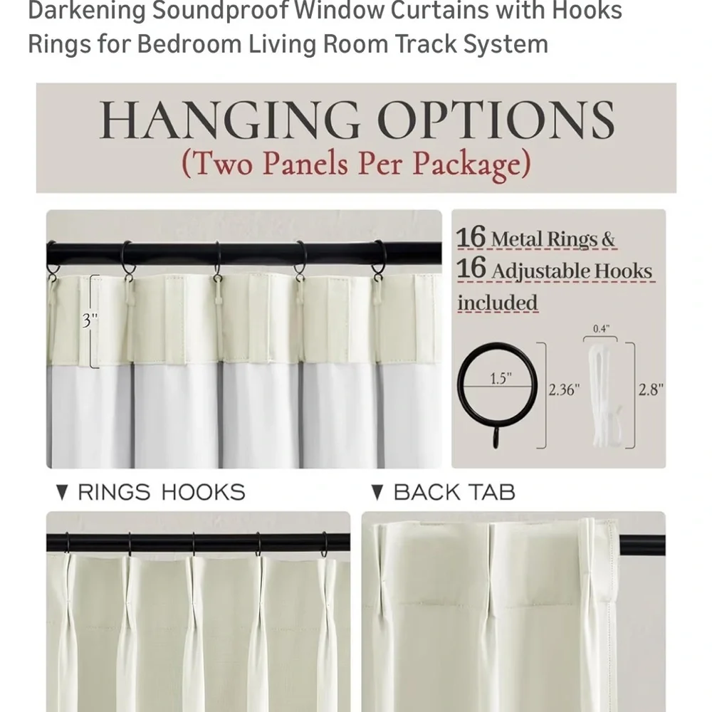 Ivory White Pinch Pleated Complete Blackout Curtains & Drapes 102 Inch lgth 071